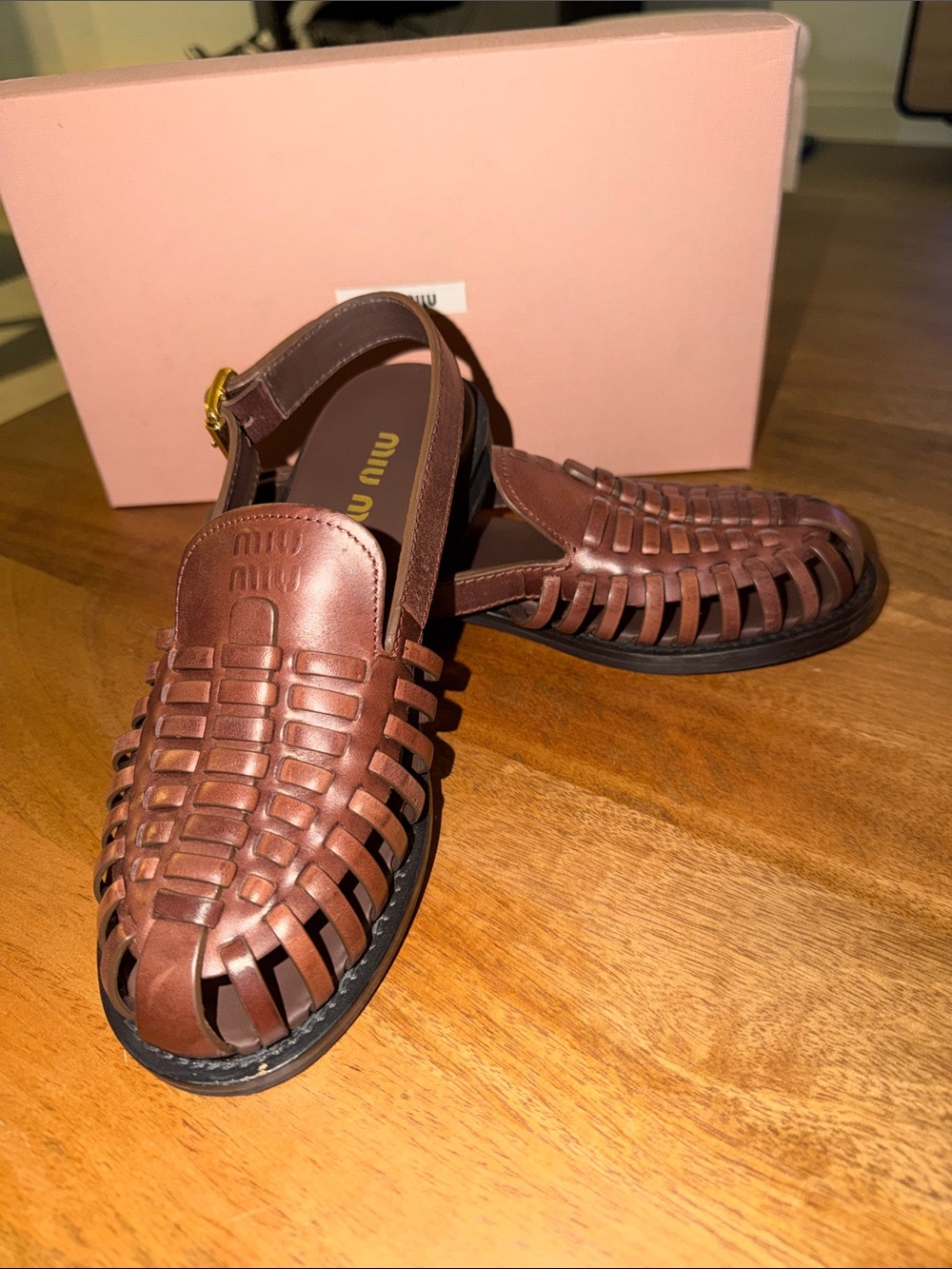 Miu Miu Brown Woven Leather Slingback Sandals